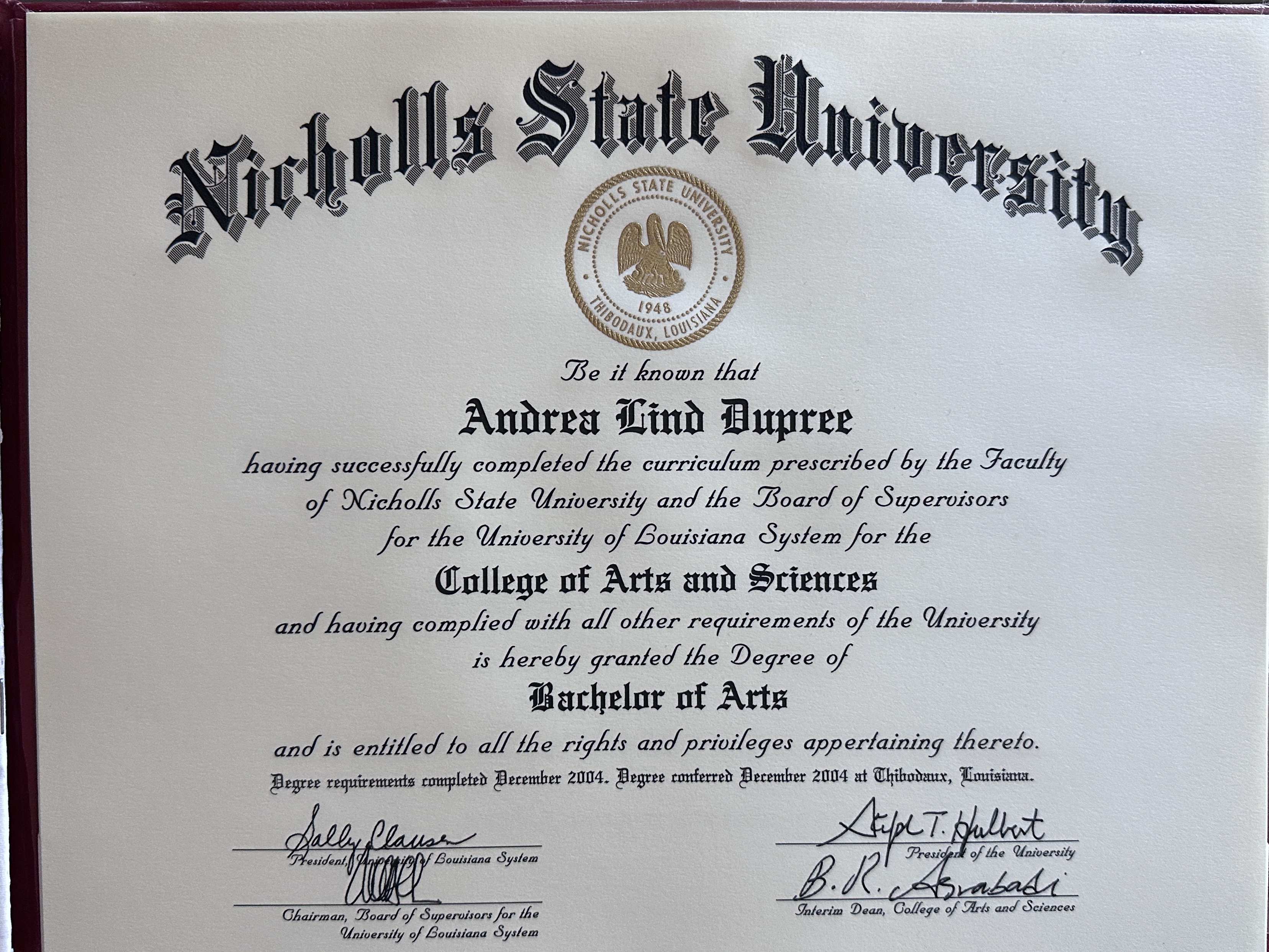 Bachelor of Arts Certificate