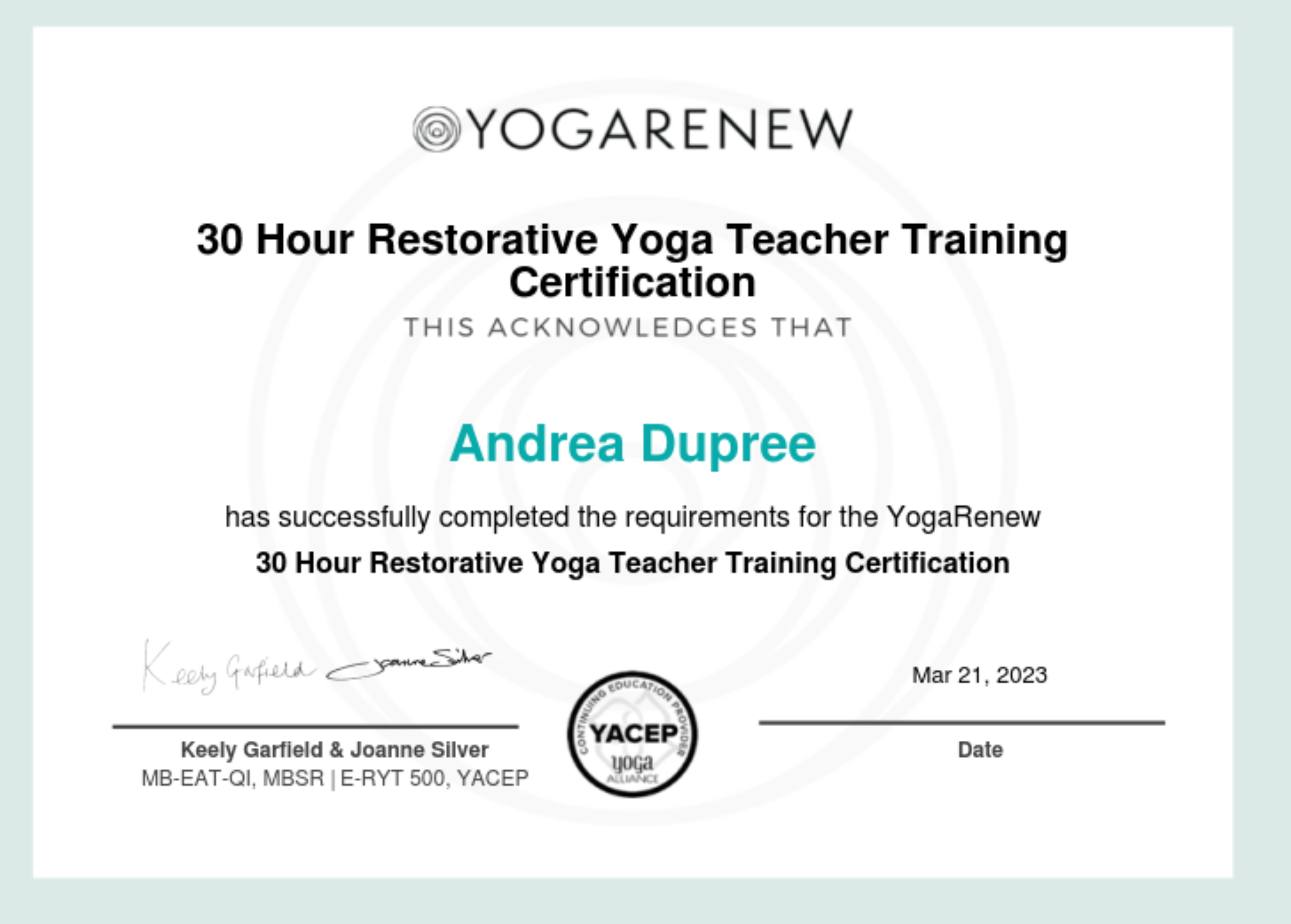 Yoga teacher Training Certificate