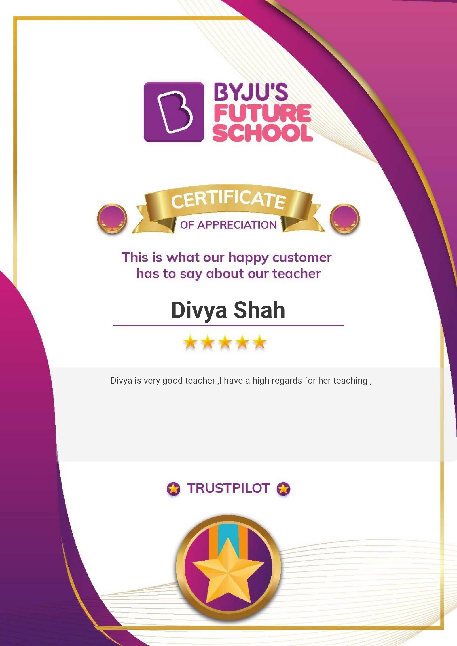 Byju's Certificate of Appreciation