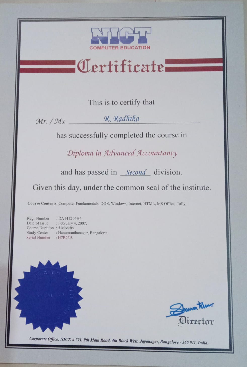 NICT Certificate